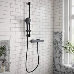Villeroy & Boch 17 Villeroy & Boch Square Thermostatic Exposed Shower Set With Riser Rail Matt Black