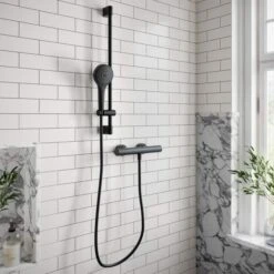 Villeroy & Boch 21 Villeroy & Boch Round Matt Black Thermostatic Exposed Shower Set With Riser Rail