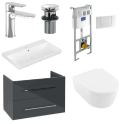 Villeroy & Boch Avento Crystal Grey 800 Wall Hung Vanity Unit, Basin, Chrome Waste & Onovo Chrome Basin Mixer With Wall Hung Toilet Set & Frame