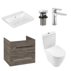 Villeroy & Boch Avento Stone Oak 600 Wall Hung Vanity Unit, Basin, Chrome Waste & Onovo Chrome Basin Mixer With Wall Hung Toilet Set & Frame